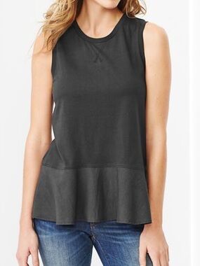GAP Charcoal Peplum Tank Top Small 100% Cotton Sleeveless Flowy Hem Minimalist